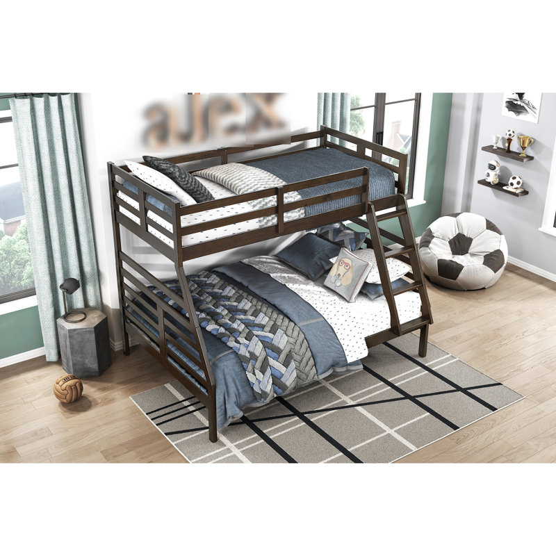 Lit simple superposé au-dessus d'un lit double, brun foncé classique, composition en bois, garde-corps sur le dessus, pas de sommier tapissier, convient au design de chambre à coucher brun, structure, rails supérieurs, bon usage