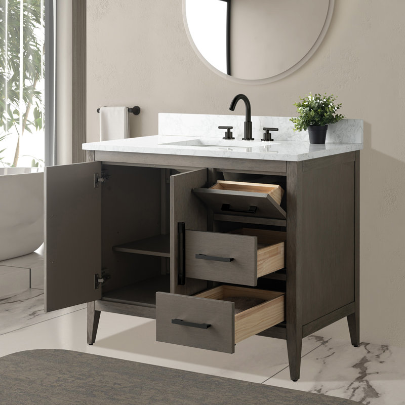 Ensemble de meuble-lavabo simple 42 po avec plateau en marbre Chambery, Noir mat, Bois flottant gris