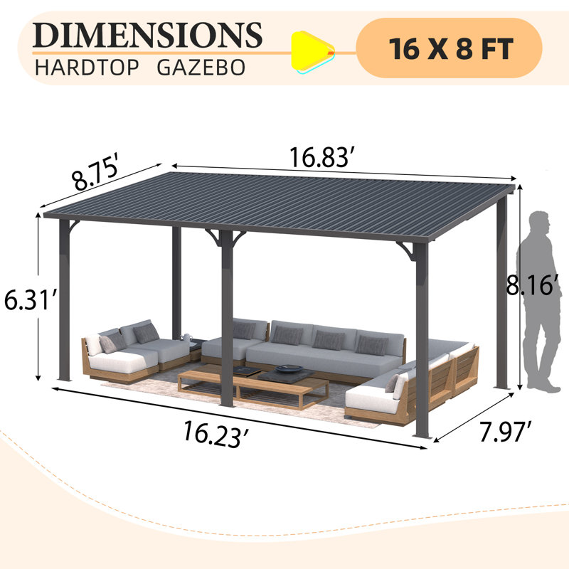 Pavillon de jardin à toit rigide avec toit incliné en acier galvanisé, H 98,4 po x l 202 po x P 95 po