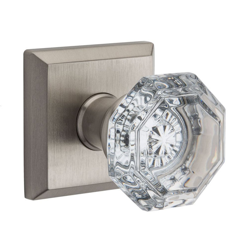 Crystal Passage Door Knob with Traditional Square Rose, Satin Nickel