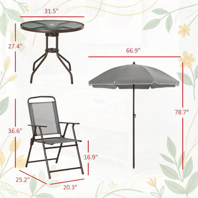 Ensemble 6 pièces de mobilier de salle à manger d'extérieur avec parasol de patio, parfait pour des repas en plein air confortables et élégants.