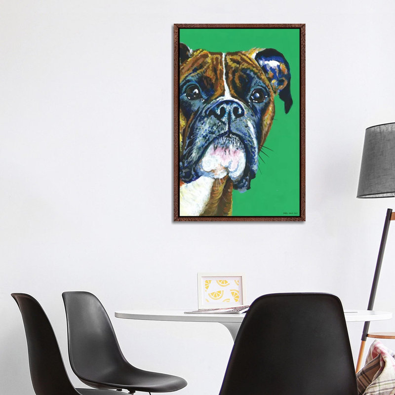 Boxer On Emerald by Kirstin Wood - Painting on Canvas, Classic Brown Wood Framed, 101.6 cm H x 66.04 cm W
