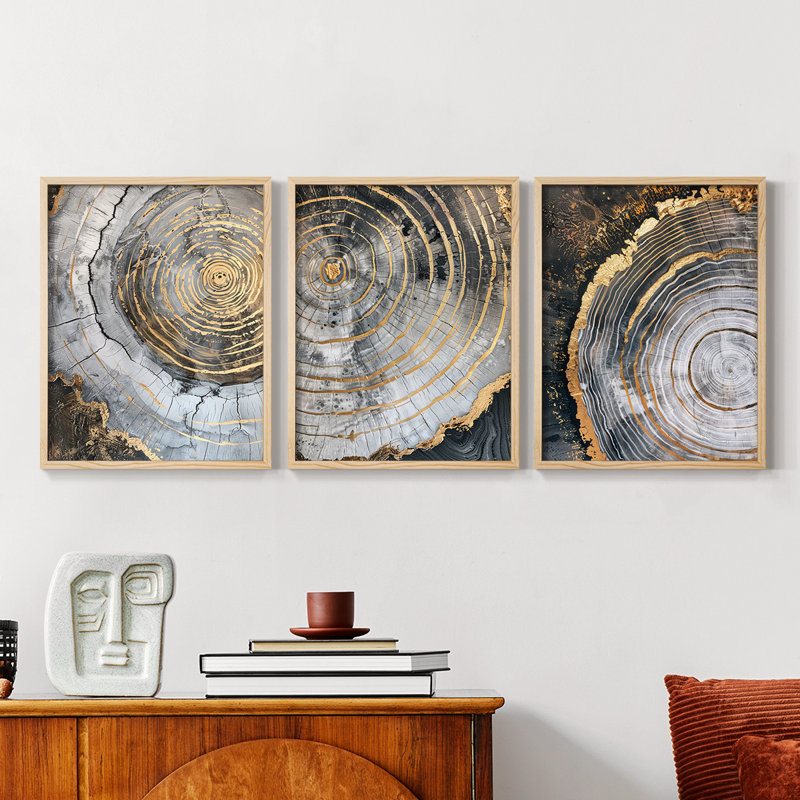 Abstract  Series  LXIII  -Set Of 3 Framed Giclee Prints -Ready to Hang, 28" H x 22" W, Natural Framed