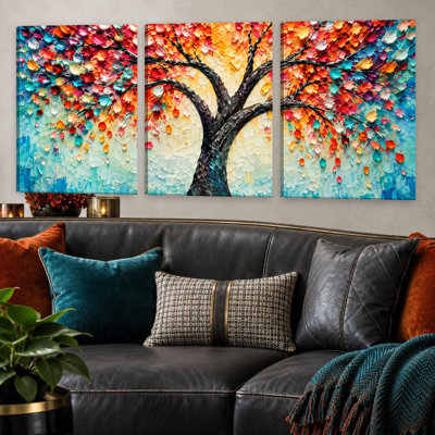 3 Pieces Exculisive Colorful Autumn Tree Impasto Large Wall Art Vibrant Triptych Panorama Canvas, Canvas Decor for Living Room, Bedroom and Office