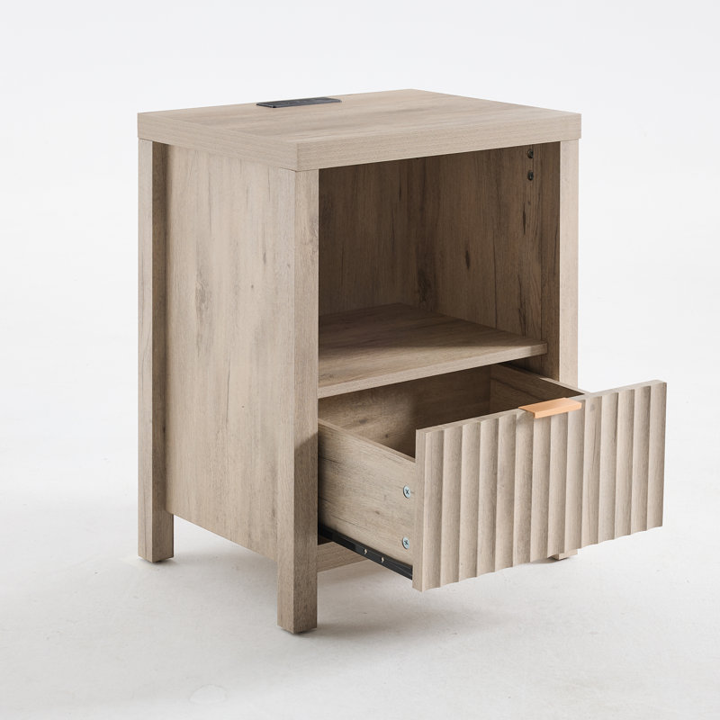 Table de chevet 1 tiroir de 25 po de hauteur avec prises intégrées Arrilla, Chêne gris-beige