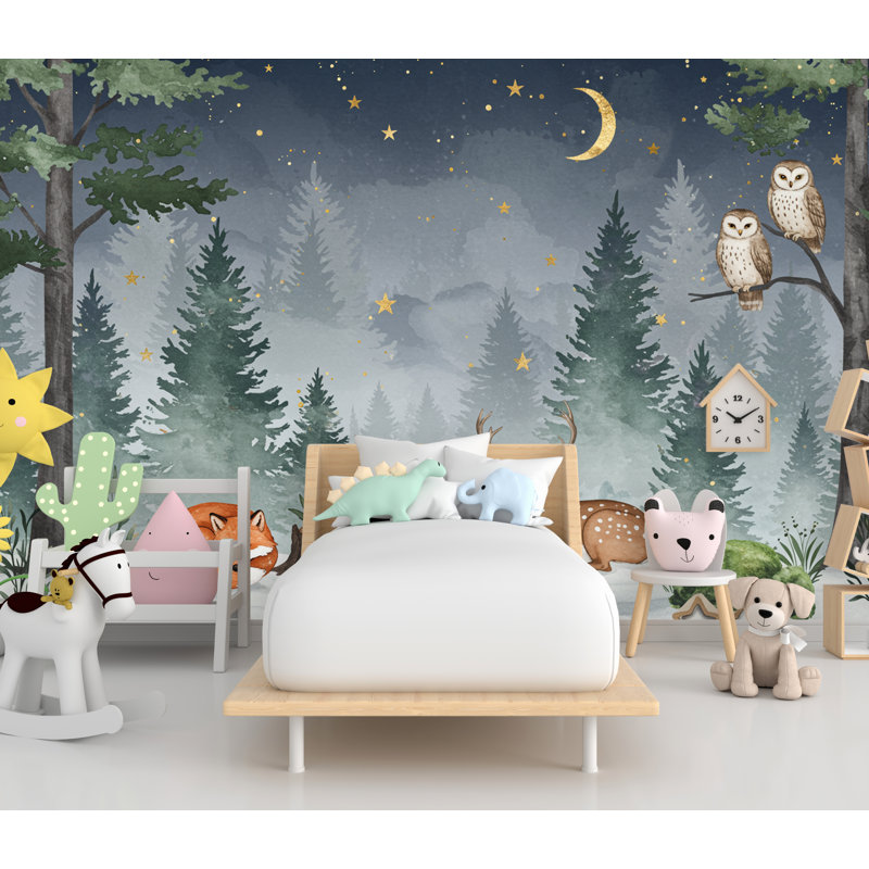 Papier peint de chambre de bébé Dreamy Nighttime Forest Animal, L 145 po x l 100 po, Non tissé