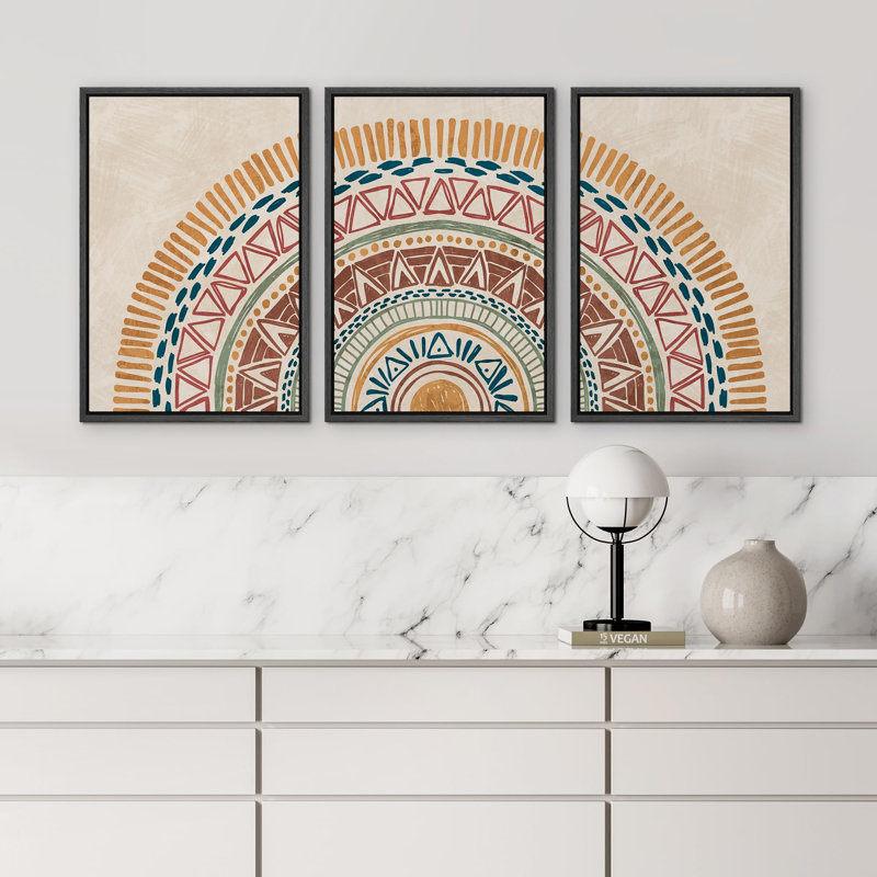 «Brown Bohemian Abstract Geometric Rustic Neutral Boho Artwork», reproduction d'art sur toile encadrée 3 pièces