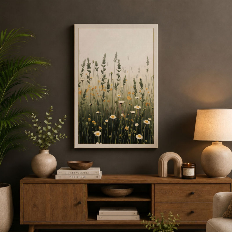 Misty Wildflower Field Botanical - Wrapped Canvas, 24x16 - 61.0 x 40.6 cm, Teal Border