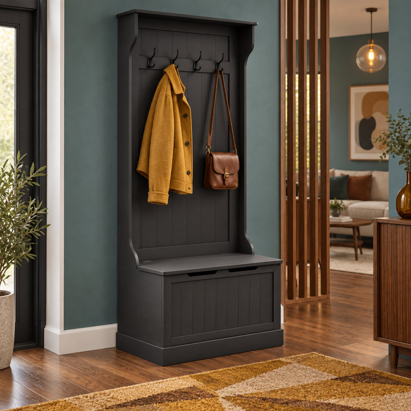 Portemanteau relevable traditionnel avec siège et quatre crochets doubles pour halls d'entrée et couloirs, Noir