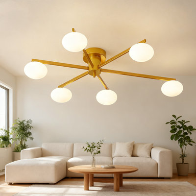 Modern Semi-Flush Mount Ceiling Light Fixture With Opal Glass Shades, Mid-Century Vintage Sputnik Chandelier For Living Room Dining Room Bedroom