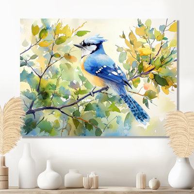 Aquarelle, geai bleu perché sur une branche II - reproduction d'art moderne en métal, art mural oiseau en métal