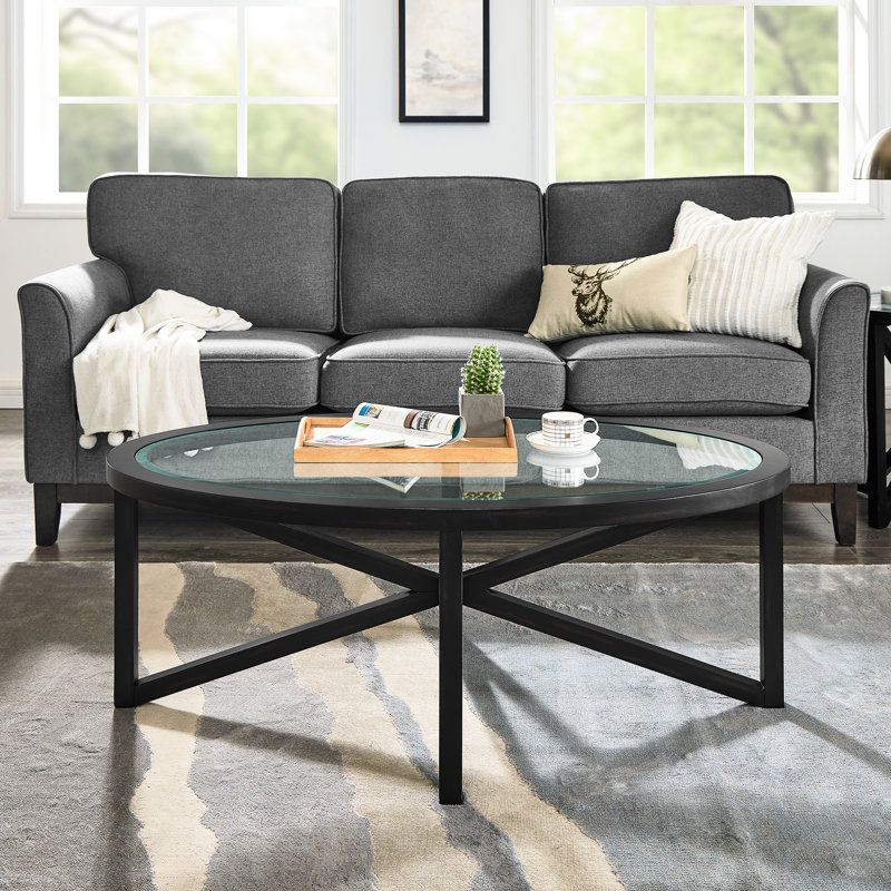 Table basse moderne en verre avec structure en bois massif de peuplier et plateau trempé pour espace d'attente - facile à entretenir, charge de trépied de loisirs simple et transparente de 250 lb, structure stable, structure stable