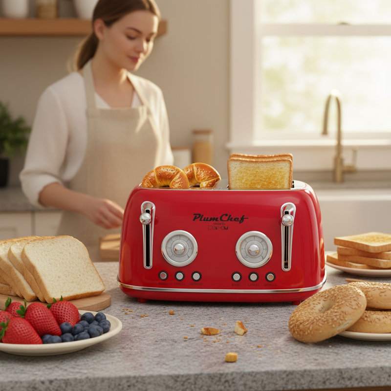 Retro Red 4-Slice Toaster With Dual Independent Controls, Warming Rack, Bagel & Defrost, Stainless Steel, 1650W