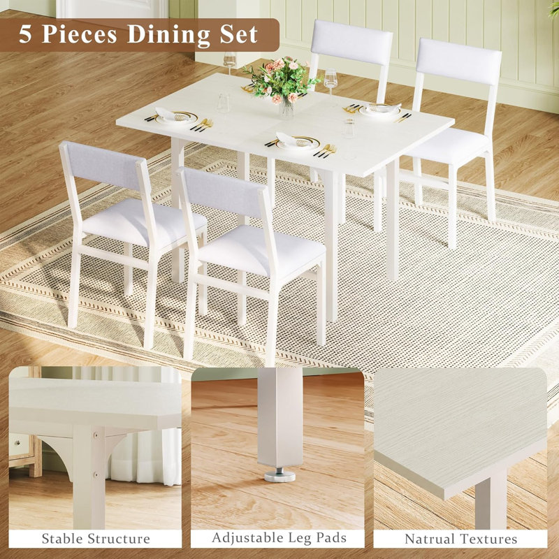 Ensemble de table de salle à manger pliable 5 pièces avec plateau en bois extensible, Blanc