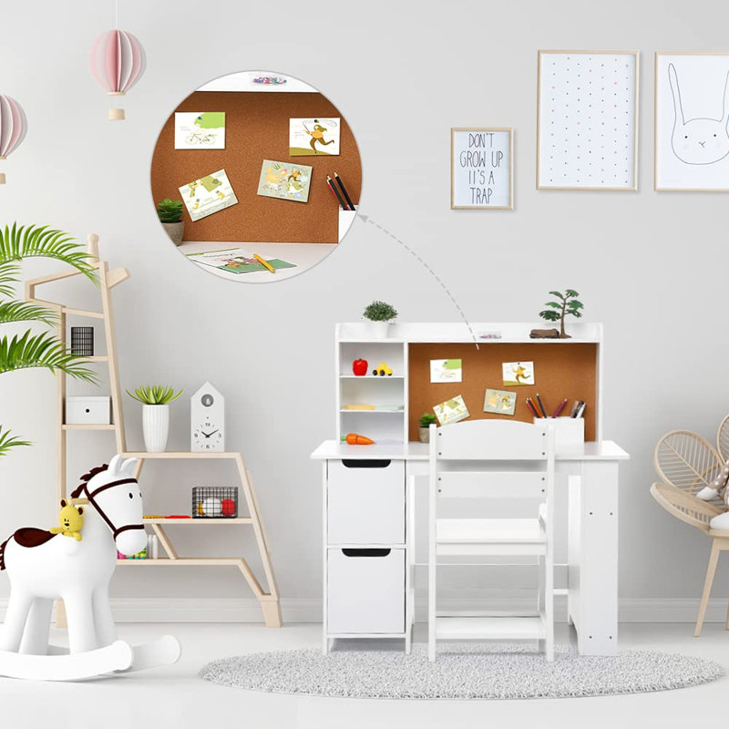 Ensemble de bureau et chaise pour enfants avec huche, table d'étude en bois avec tablette de rangement, babillard, bureau d'écriture pour garçons et filles de 3 à 8 ans