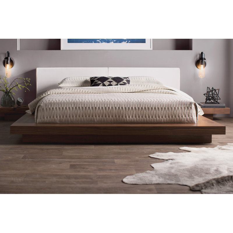 Bardella Vegan Leather Standard Bed, King, Walnut/Ecru Fabric