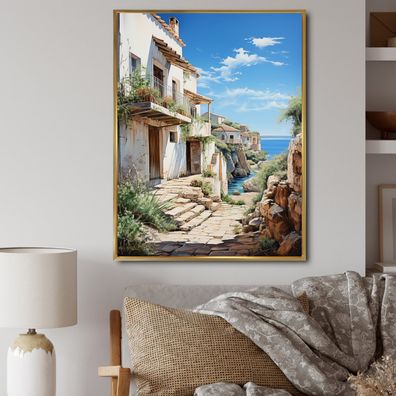 Spain Azure Coastline Village V - Spain Wall Art Living Room, H 32 po x l 16 po x P 1 po, Cadre flottant doré