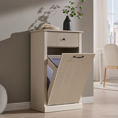 Armoire à poubelle moderne inclinable, armoire à linge cannelée 10 tiroirs avec tiroirs, armoire à poubelle cachée en bois avec panier de rangement, autoportante pour la cuisine et le salon