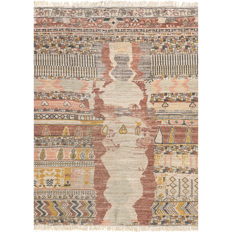 Tapis rouille / crème / rose tissé à la main à motif de glands Riser Southwestern, Rectangle 9 pi 6 po x 13 pi 6 po