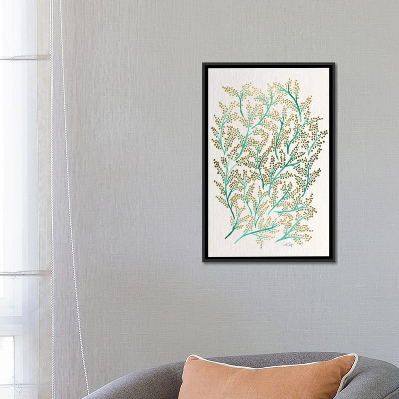 « green gold branches », impression sur toile tendue, H 26 po x l 18 po x P 1,5 po, Toile avec cadre noir, Pas de tapis