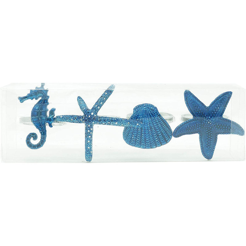 Ensemble de 4 rondelles de serviettes en métal Coastal Sea Creatures, Argent / bleu marine