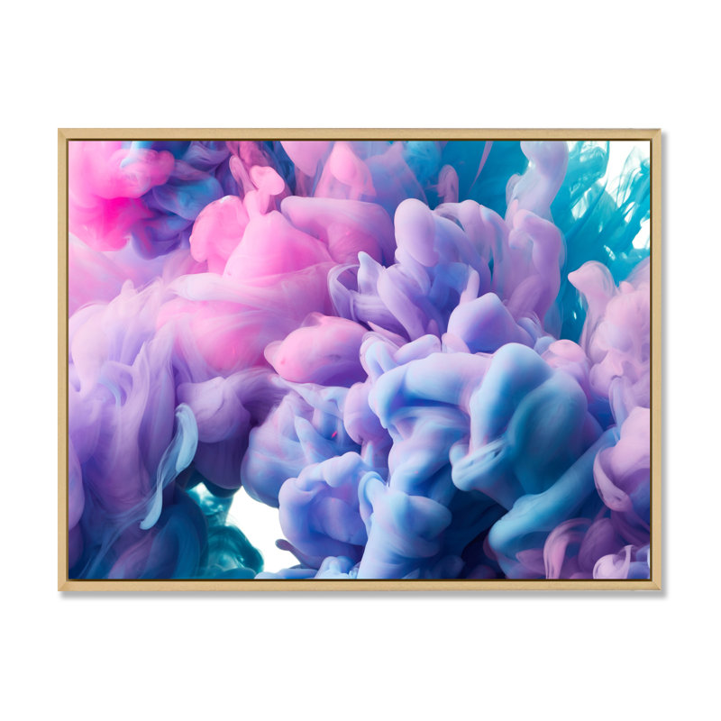 Encre liquide rose et bleue III, reproduction sur cadre flottant, H 16 po x l 32 po x P 1 po, Cadre flottant brun