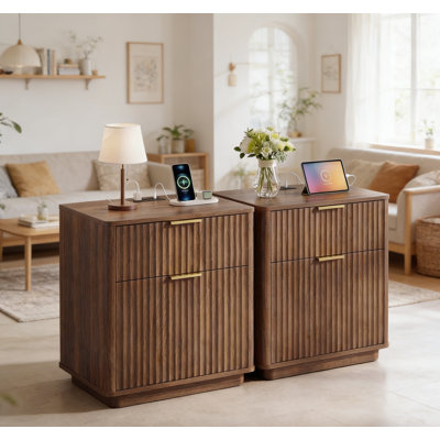 Table de chevet en bois avec station de charge, table de chevet cannelée, commode de table de chevet, P 23,23 po x l 15,35 po x H 24,02 po