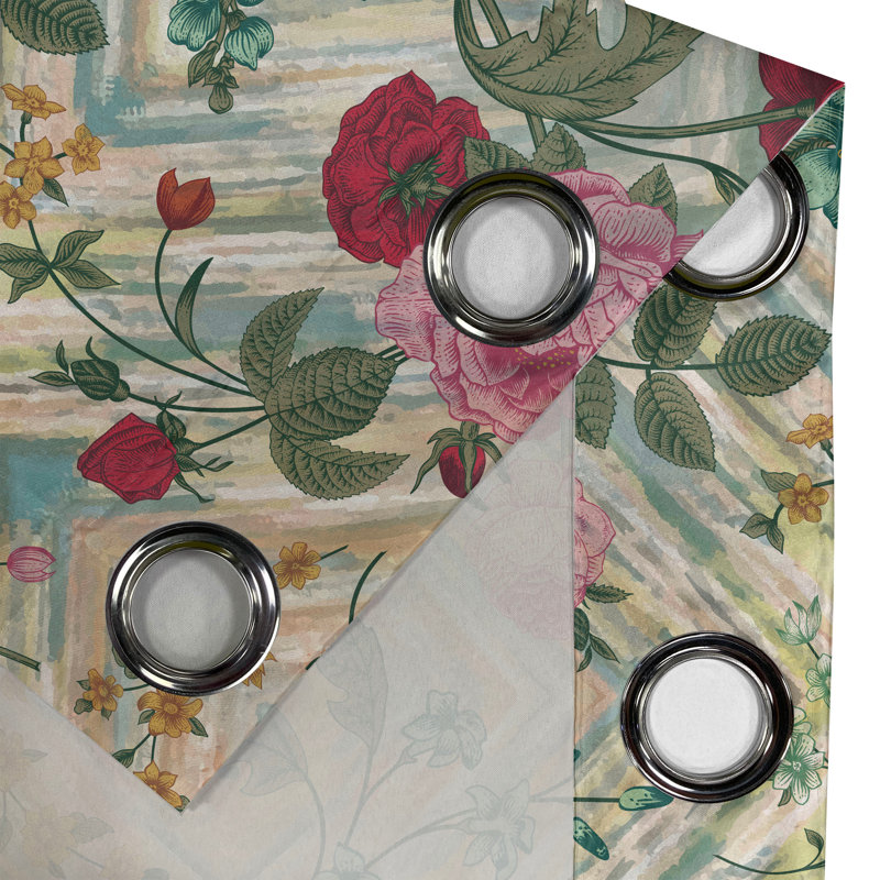 Bungalow Rose Flowers Grommet Curtain Victorian Floral Pattern Pink and Multicolor, 50" W 108" L