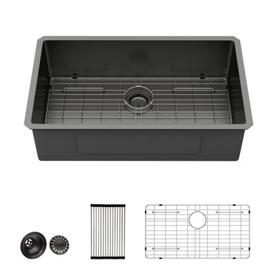Évier de cuisine encastré simple en acier inoxydable noir 33 po x l 19 po avec revêtement Nano, évier de cuisine encastré avec grille d'évier, crépine et support à enroulement