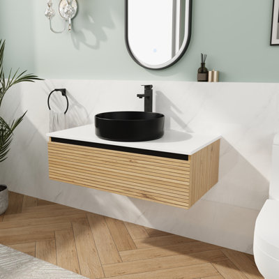 Meuble-lavabo mural 36 po avec lavabo en céramique et tiroir à fermeture en douceur