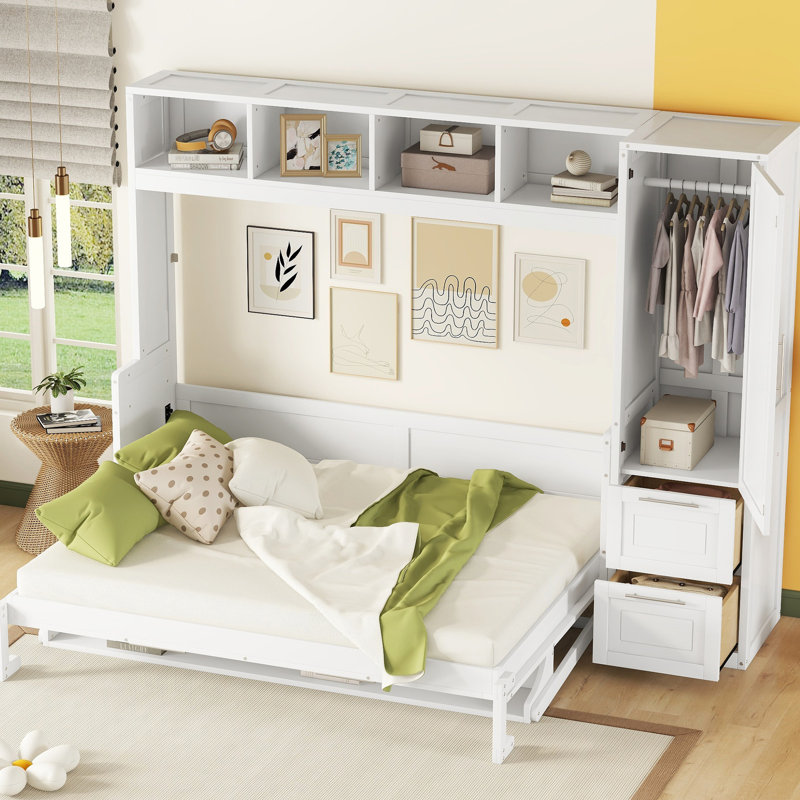 Lit avec garde-robe et tiroirs latéraux pour grand lit - Design blanc pratique et pratique
