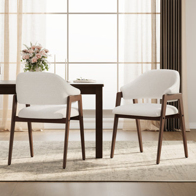 Modern Minimalist Upholstered Linen Dining Armchair with Solid Wood Legs