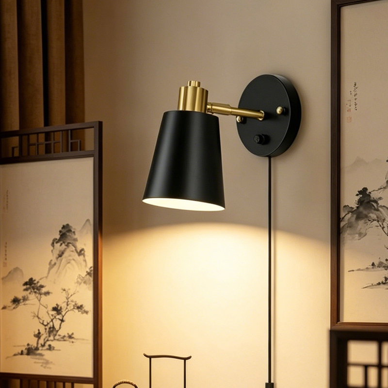 Dimmable Wall Sconces with Plug in Cord and Dimmer On/Off Knob Switch (Set of 2), Gold/Black
