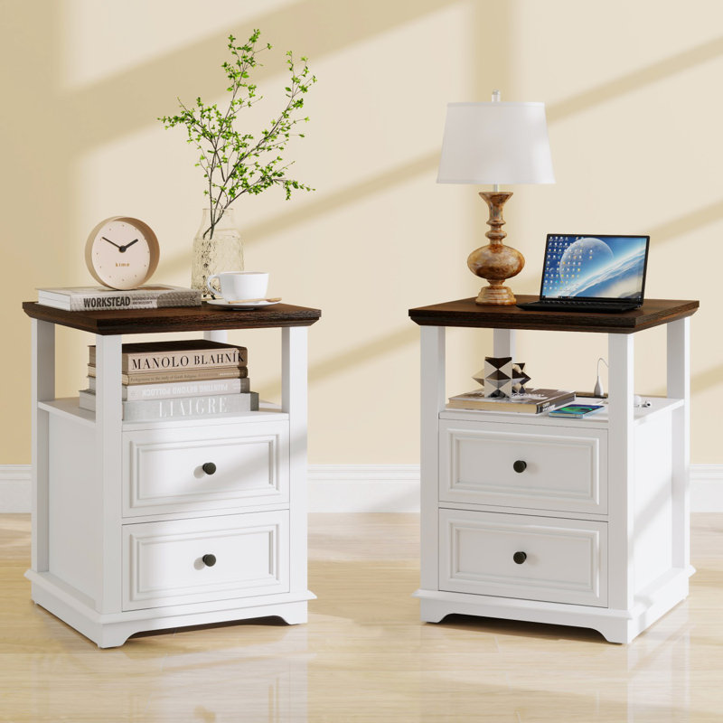 Lark Manor Deiren 2-Drawer Nightstands with Storage and Built-in Outlets, White, Set of 2