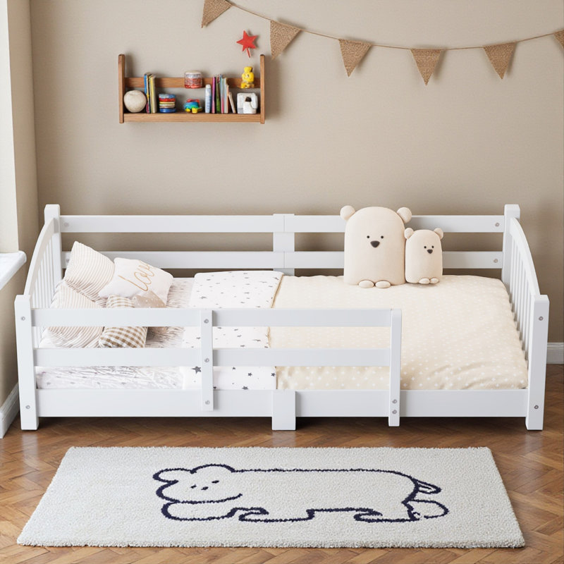 Wooden Kids Floor Bed With Safety Guardrails, Twin, White
