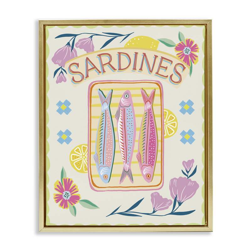 Cadre flottant pastel sardines et fleurs, design par Jo Reid, H 21 po x l 17 po, Cadre flottant métallique doré
