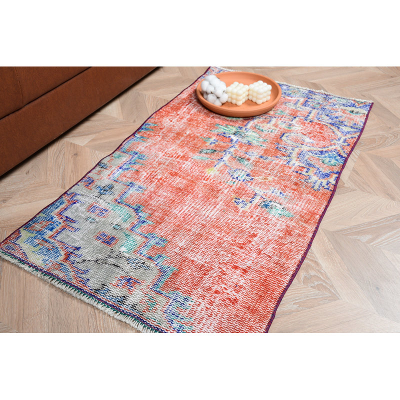 Vintage Small Turkish Rug in Faded Oushak Style Ideal as an Entry Door Mat or for Small Spaces With Wool Fabric and Vibrant Orange