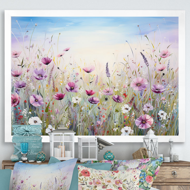 Fleurs sauvages Meadows III - Art mural champ de fleurs, Cadre simple blanc, H 16 po x l 32 po x P 1 po