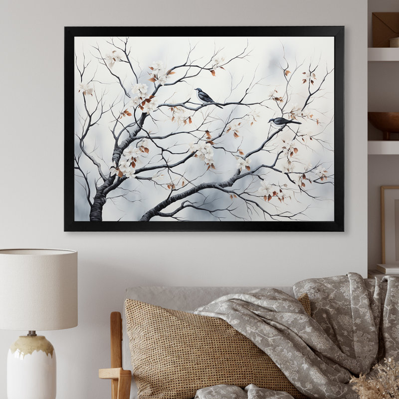 Gris floral Sprintime, oiseaux, art mural, H 12 po x l 20 po x P 1 po, Cadre d'angle fermé noir
