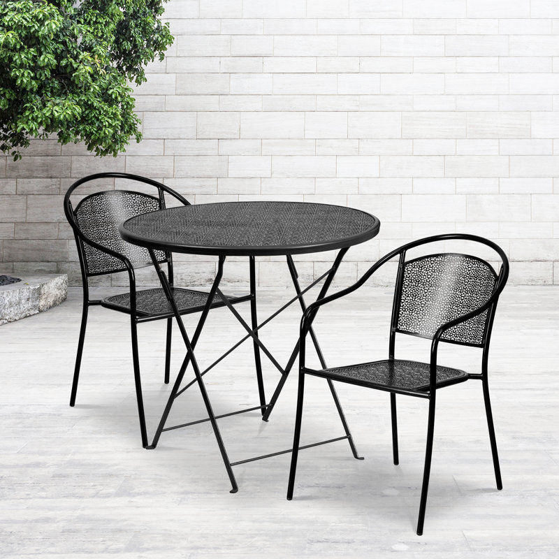 Delapena 30'' Round Indoor-Outdoor Steel Folding Patio Table Set with 2 Round Back Chairs, Black