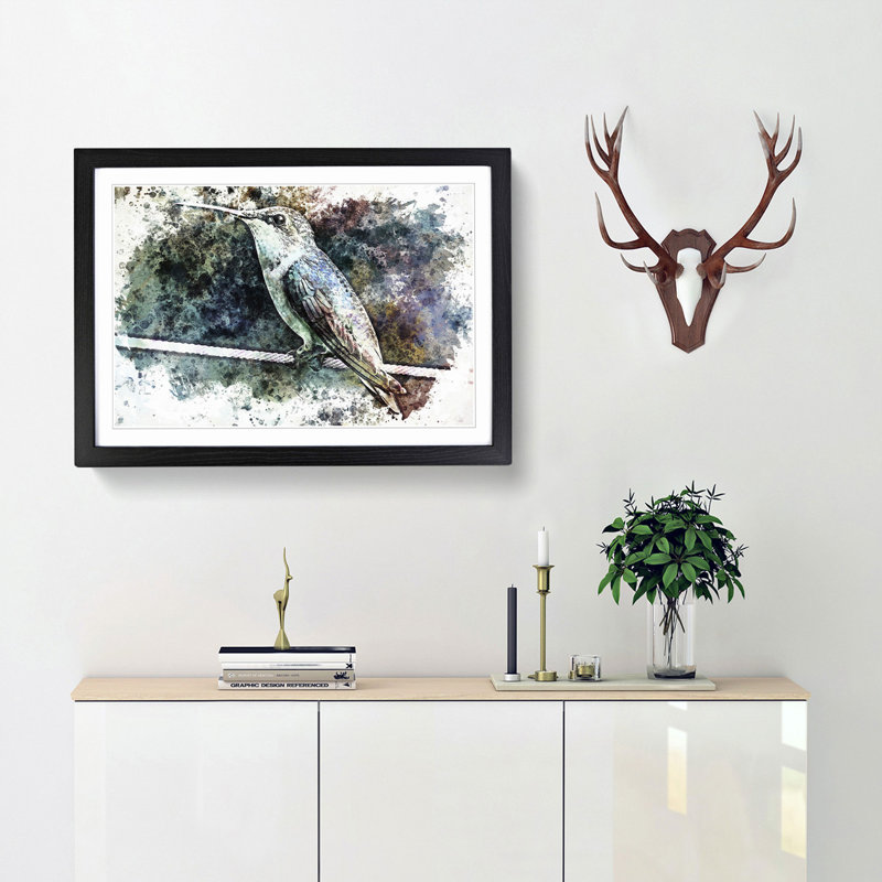 Hummingbird Bird on a Wire in Abstract - Picture Frame Painting Print, 62cm H x 87cm W x 2cm D, Black Framed