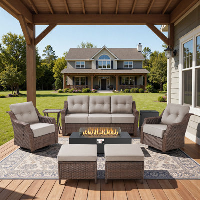 Acton 5-7 Person Outdoor Wicker Patio Family Conversation Set With Swivel Chairs And Metal Fire Pit