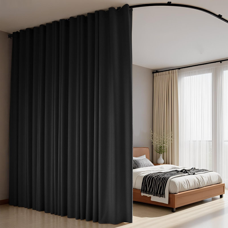 Rideaux séparateurs de pièce avec tringle à rideaux flexible pour plafond, rideaux occultants pour salon et chambre, panneaux de séparation pour plus d'intimité (L 100 x H 108 cm), rideaux et tringle noirs.