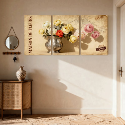 Rose, maison de fleurs, ensemble de 3 impressions sur toile