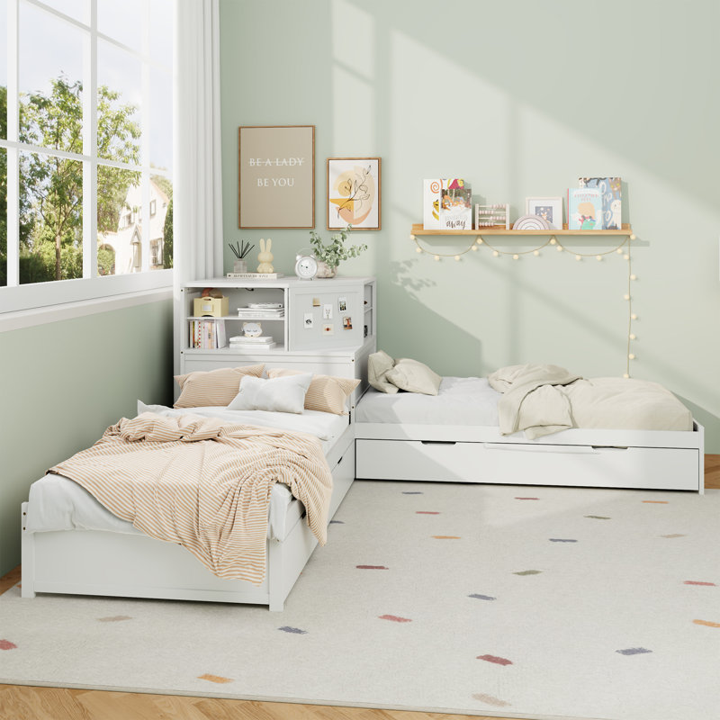 L-Shaped Combination Twin Bed Frame with Trundle and Drawer,3-in-1 Low Corner Platform Bed Linked with Built-in Desk, White
