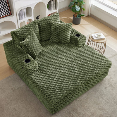 Oversized Chaise Lounge Chair with USB Ports & Cup Holders, 60" Corduroy Modern Sleeper Chair with Pillows, Comfy Deep Seat Sofa Bed for Living Room Bedroom, Green