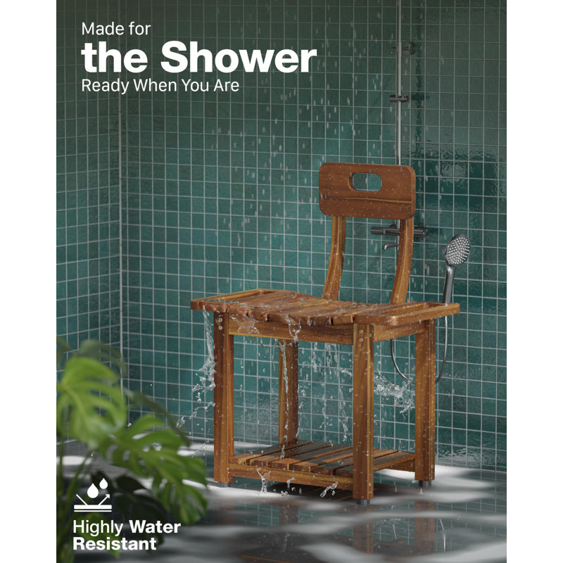 23.4'' Shower Chair With Backrest Bath Chair For Inside Shower Or Tub, Heavy Duty 450 Lbs Support, Non-Slip Feet, Shelf Storage(Acacia)