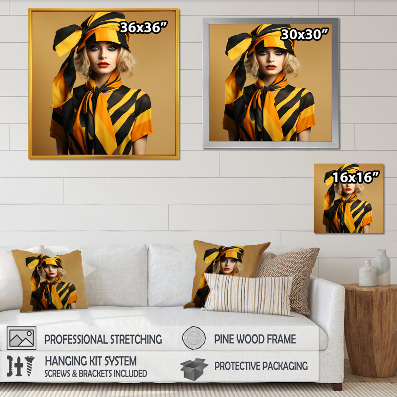 Photographie glamour jaune et noir - Illustration de mode, art mural, Cadre flottant doré, H 36 po x l 36 po x P 1,5 po