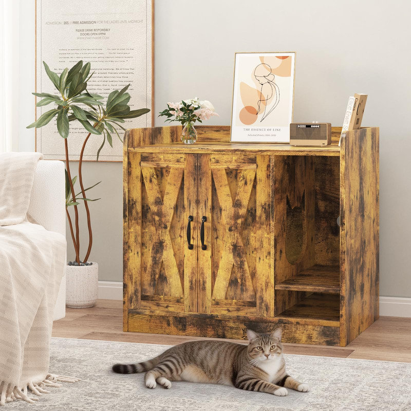 Enceinte de litière en bois pour chat avec cloison - table d'appoint moderne, table de chevet et maison de chat d'intérieur, L 33 po x l 24 po x H 24 po