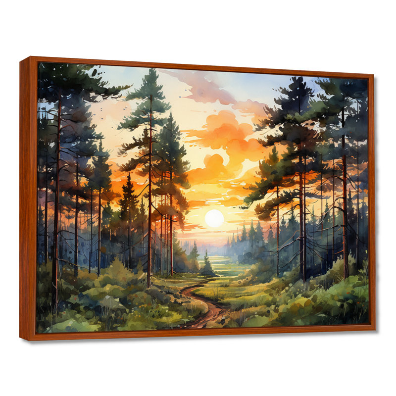 «Pine Tree Sunset Glow I», art encadré pin, H 12 po x l 20 po x P 1 po, Cadre flottant brun